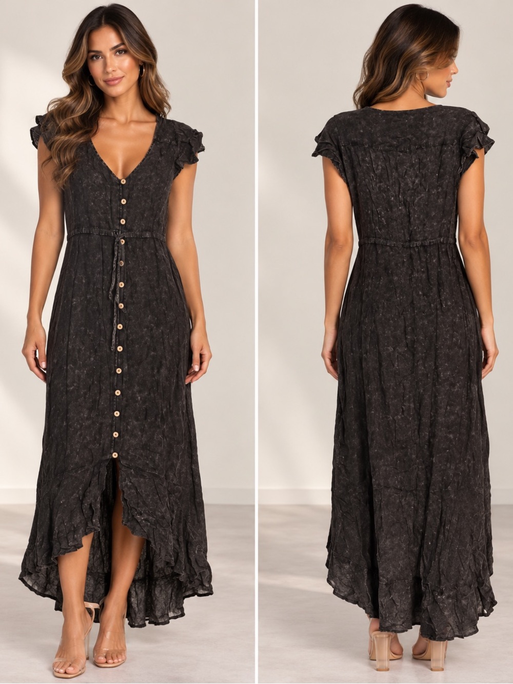 NWT Chaser Black Cloud Wash High-Low Button Maxi Dress S